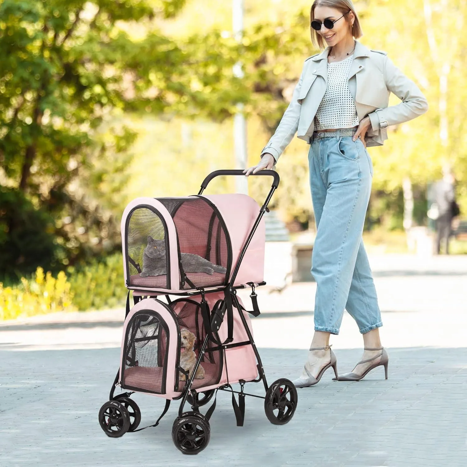 3-in-1 Double Seater Folding Dog Pet Stroller Kitten Puppy Carriages Detachable Carrier Bags, Pink