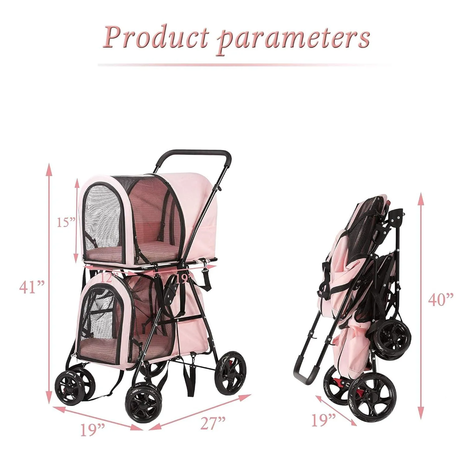 3-in-1 Double Seater Folding Dog Pet Stroller Kitten Puppy Carriages Detachable Carrier Bags, Pink