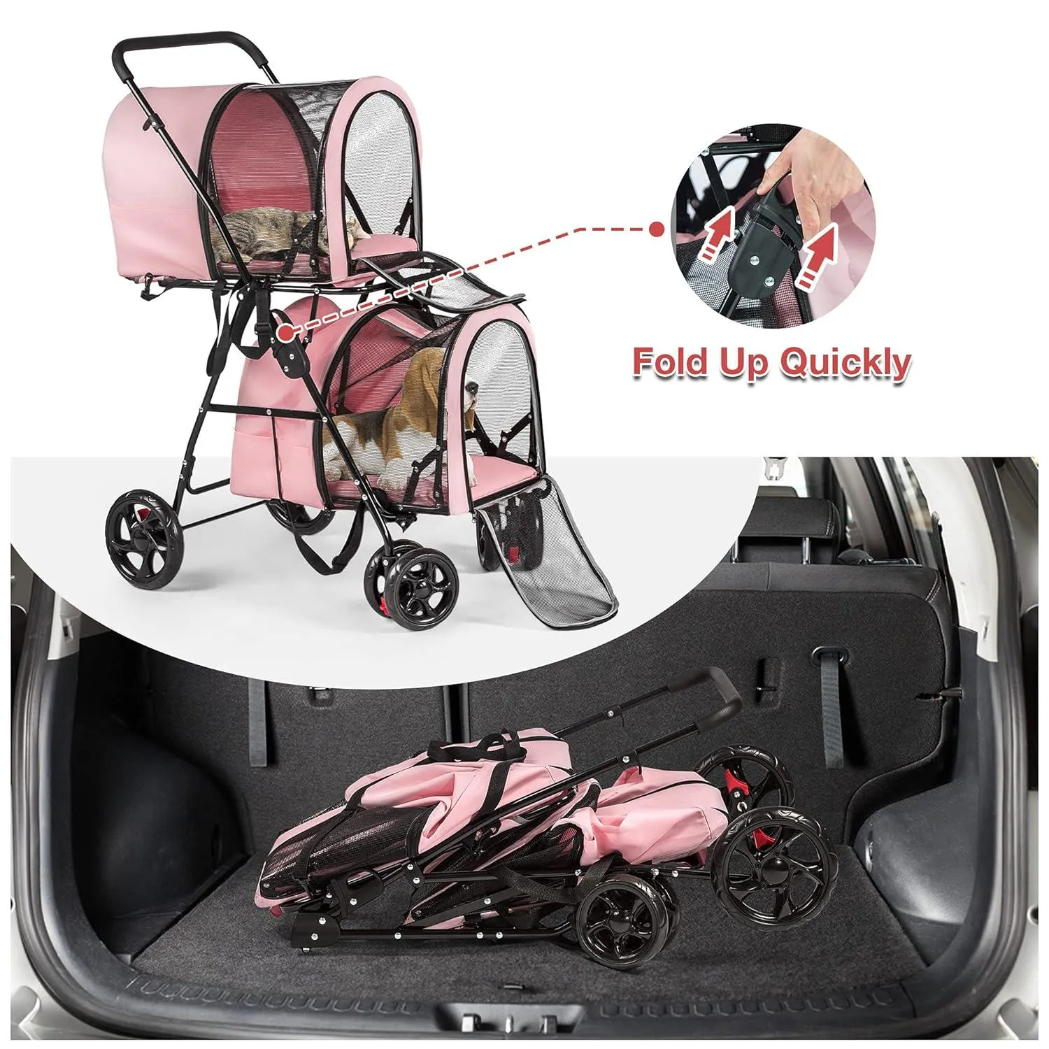 3-in-1 Double Seater Folding Dog Pet Stroller Kitten Puppy Carriages Detachable Carrier Bags, Pink