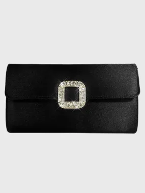 Black Satin Elegant Clutch Bag with Rhinestone Buckle