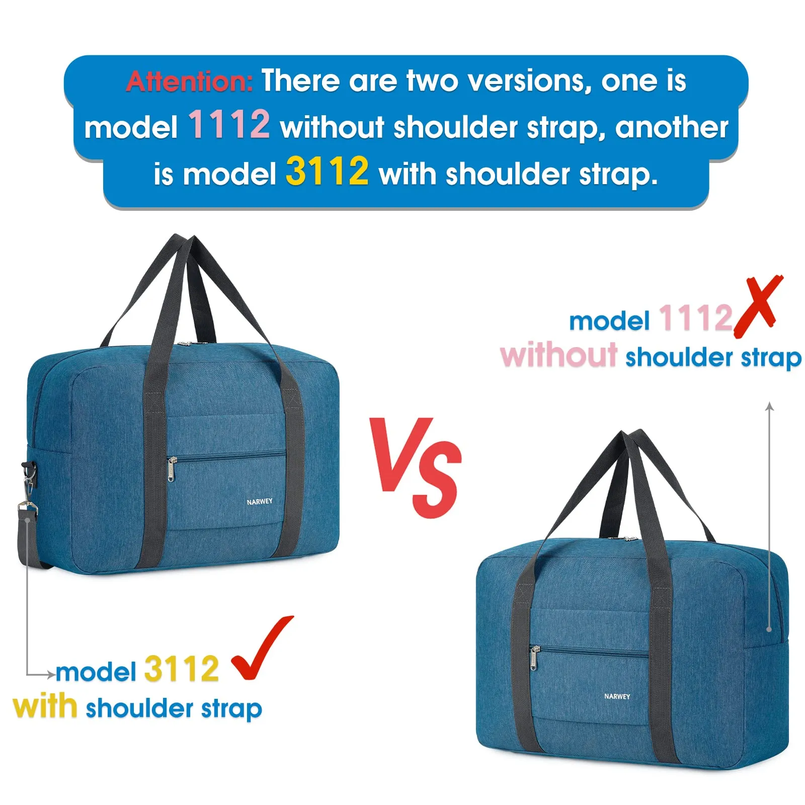 Narwey Foldable Travel Duffel Tote For Spirit Airlines Personal Item Bag - 1112 Thick Series