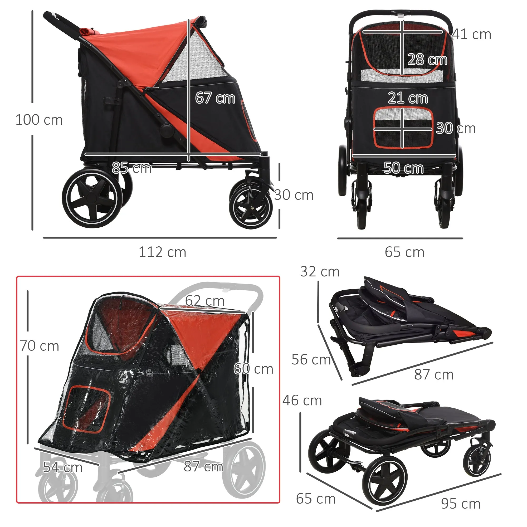 PawHut One-Click Foldable Pet Travel Stroller with Rain Cover for M L Dogs, Red