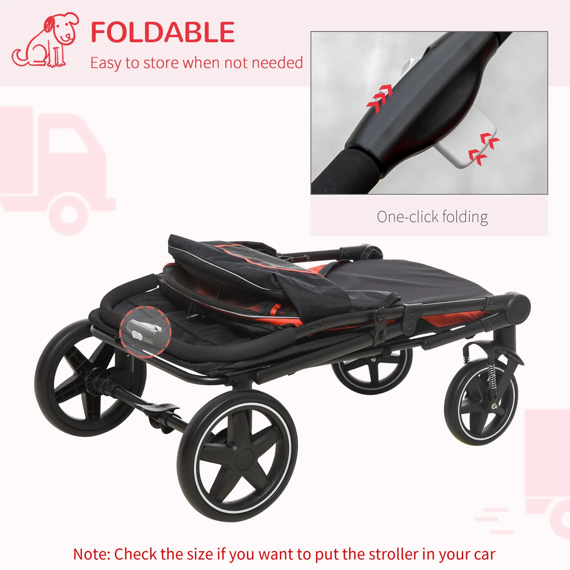 PawHut One-Click Foldable Pet Travel Stroller with Rain Cover for M L Dogs, Red