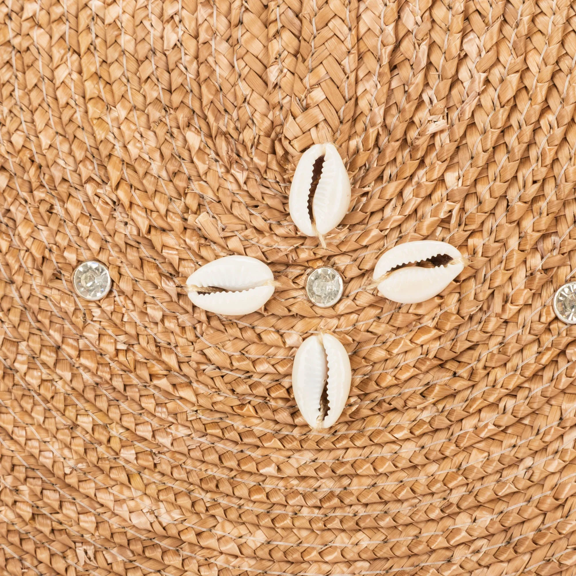 Resort Ready - Fine Wheat Straw Braid Clutch with Seashell Flowers and Rhinestone Details