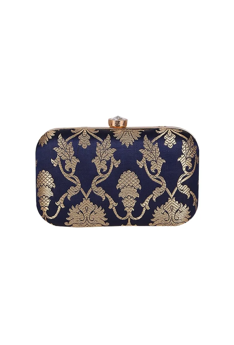 Royal Blue Brocade Box Clutch with Sling (8 X 2 X 4.5)