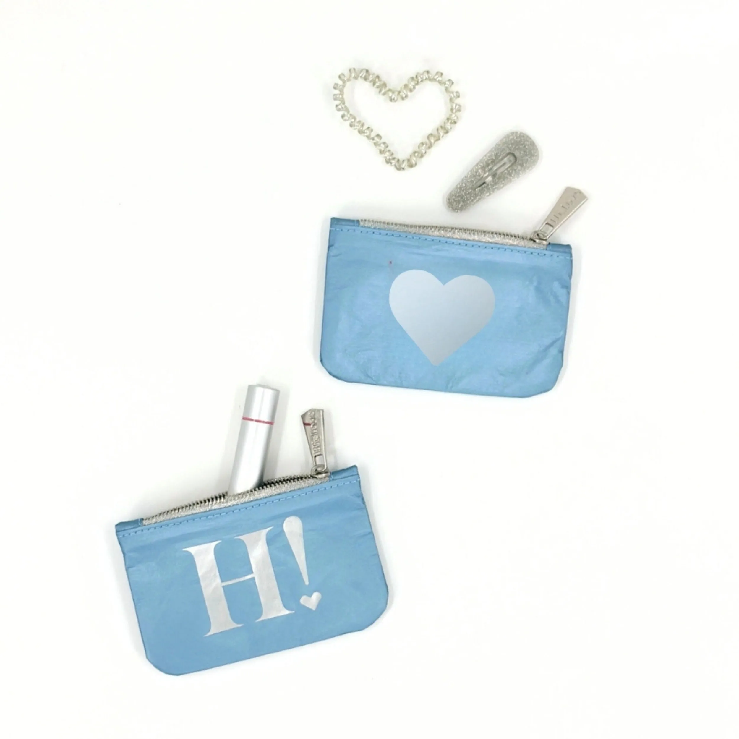 Set of Two Gift Card Holder Pouches - Shimmer Ice Blue with Silver Heart and H!