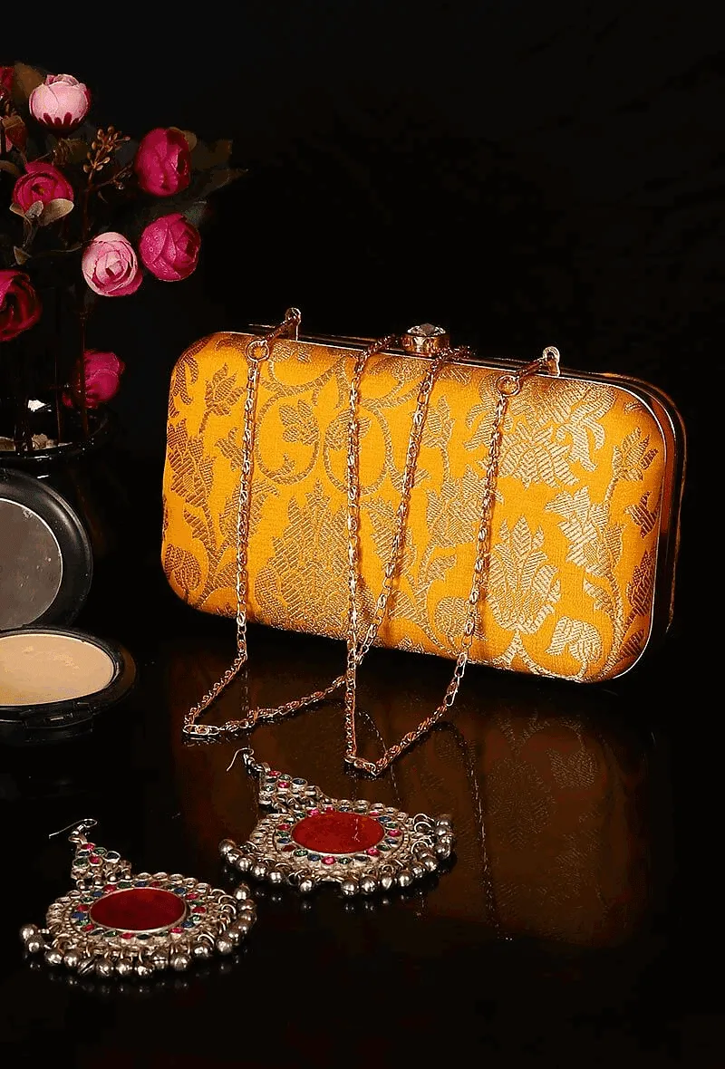 Sunshine Yellow Brocade Box Clutch with Sling (8 X 2 X 4.5)