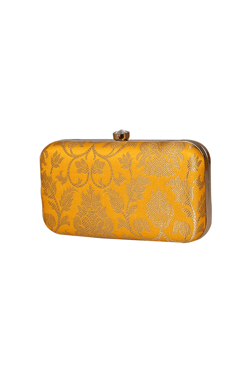 Sunshine Yellow Brocade Box Clutch with Sling (8 X 2 X 4.5)