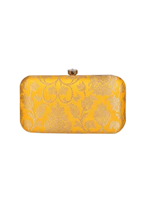 Sunshine Yellow Brocade Box Clutch with Sling (8 X 2 X 4.5)